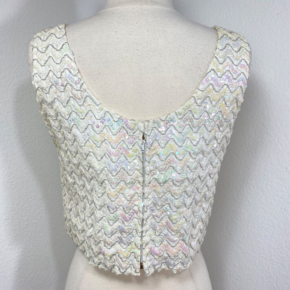 Vintage White Sequin Crop Cocktail Tank Top Medium Glam Evening Date Night - Picture 7 of 8